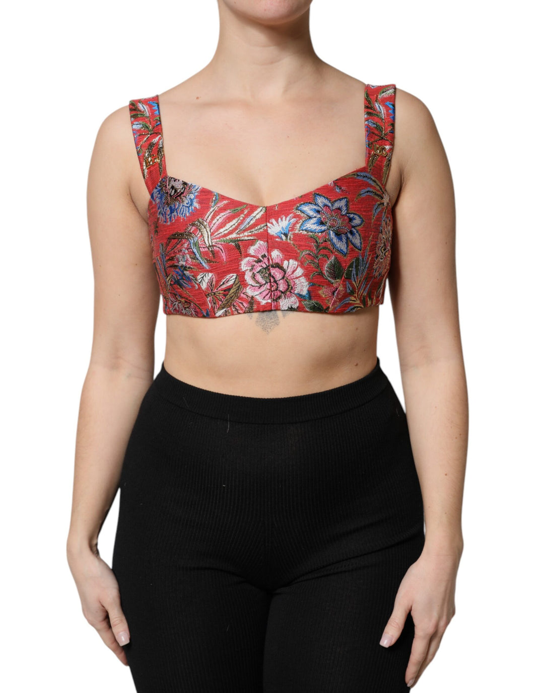 Dolce &amp; Gabbana Red Floral Brocade Cropped Bustier Corset Top
