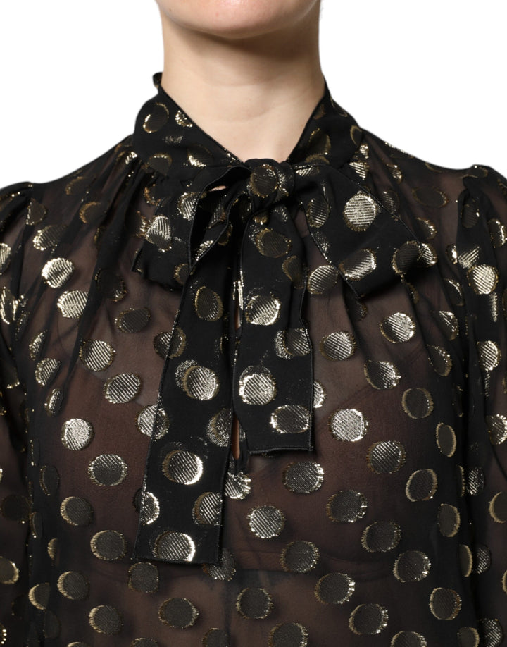 Dolce &amp; Gabbana Black Sheer Tied Neck Polka Dots Blouse Top