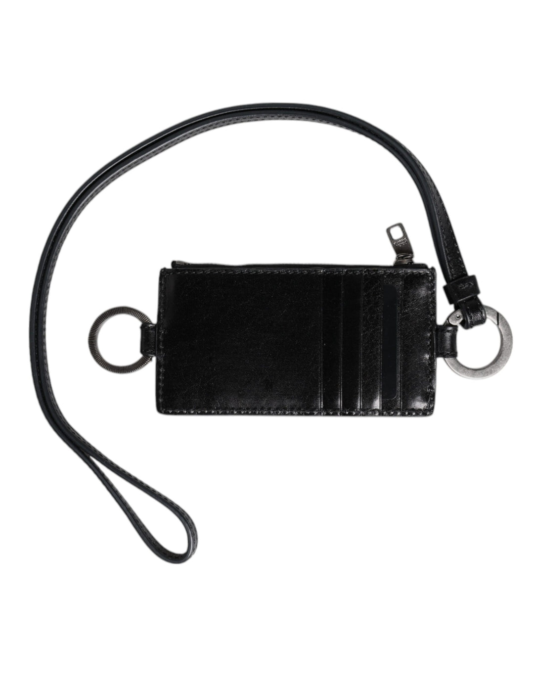 Dolce &amp; Gabbana Black Leather Logo Embossed Lanyard Card Holder Wallet