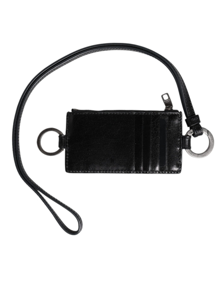 Dolce &amp; Gabbana Black Leather Logo Embossed Lanyard Card Holder Wallet