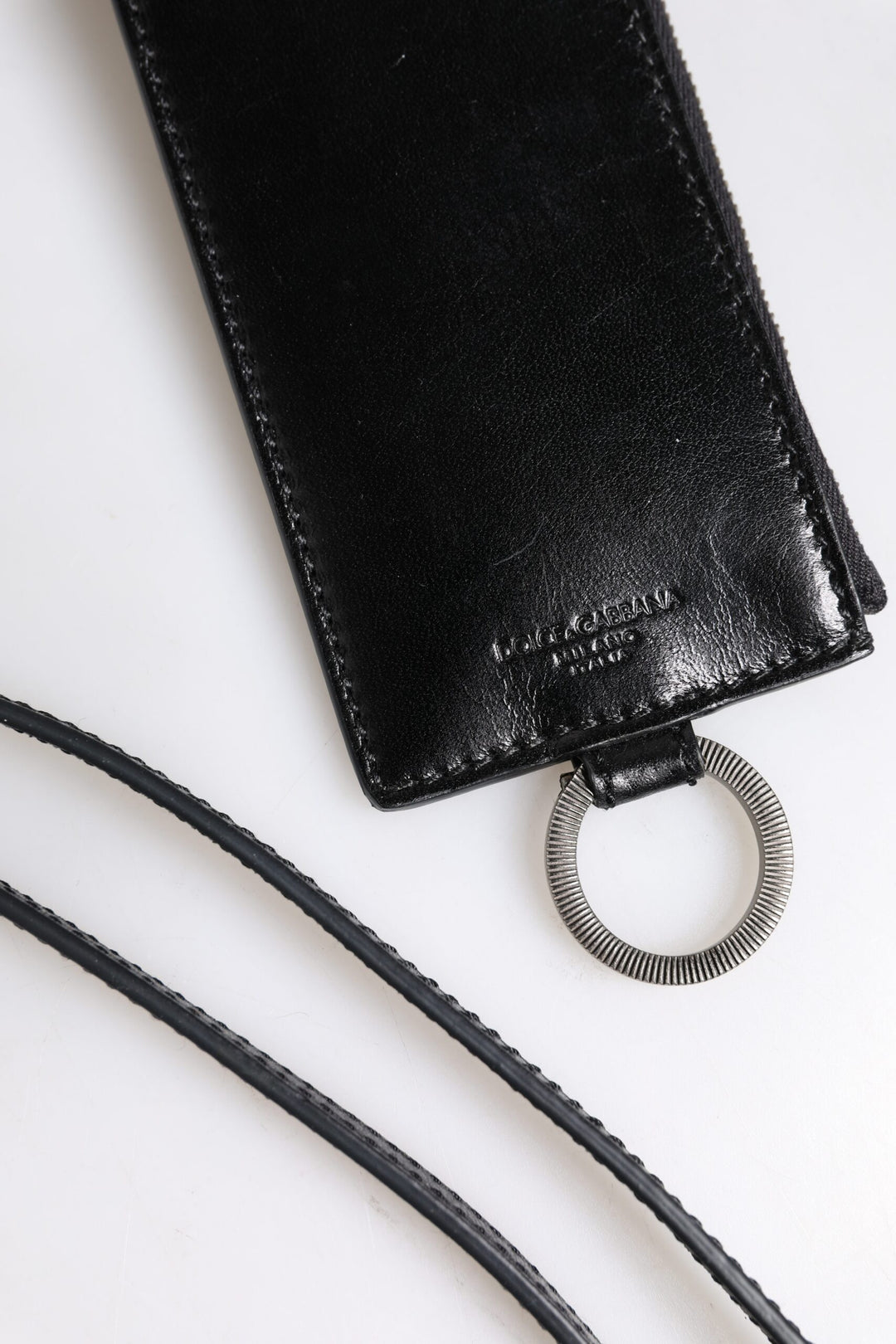 Dolce &amp; Gabbana Black Leather Logo Embossed Lanyard Card Holder Wallet