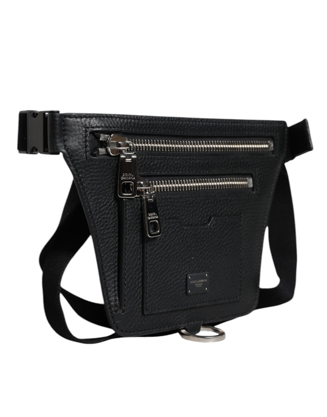 Dolce &amp; Gabbana Black Calfskin Logo Plaque Belt Waist Men Fanny Pack Bag
