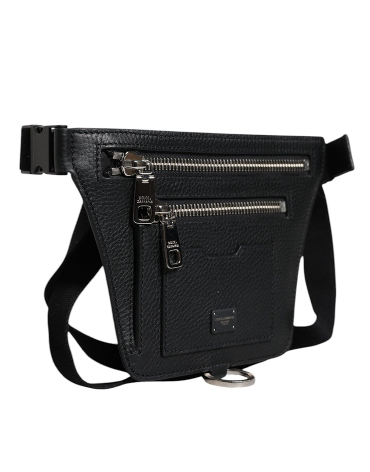 Dolce &amp; Gabbana Black Calfskin Logo Plaque Belt Waist Men Fanny Pack Bag