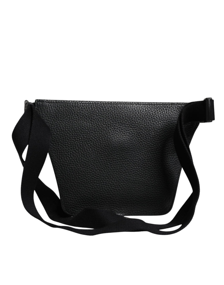 Dolce &amp; Gabbana Black Calfskin Logo Plaque Belt Waist Men Fanny Pack Bag
