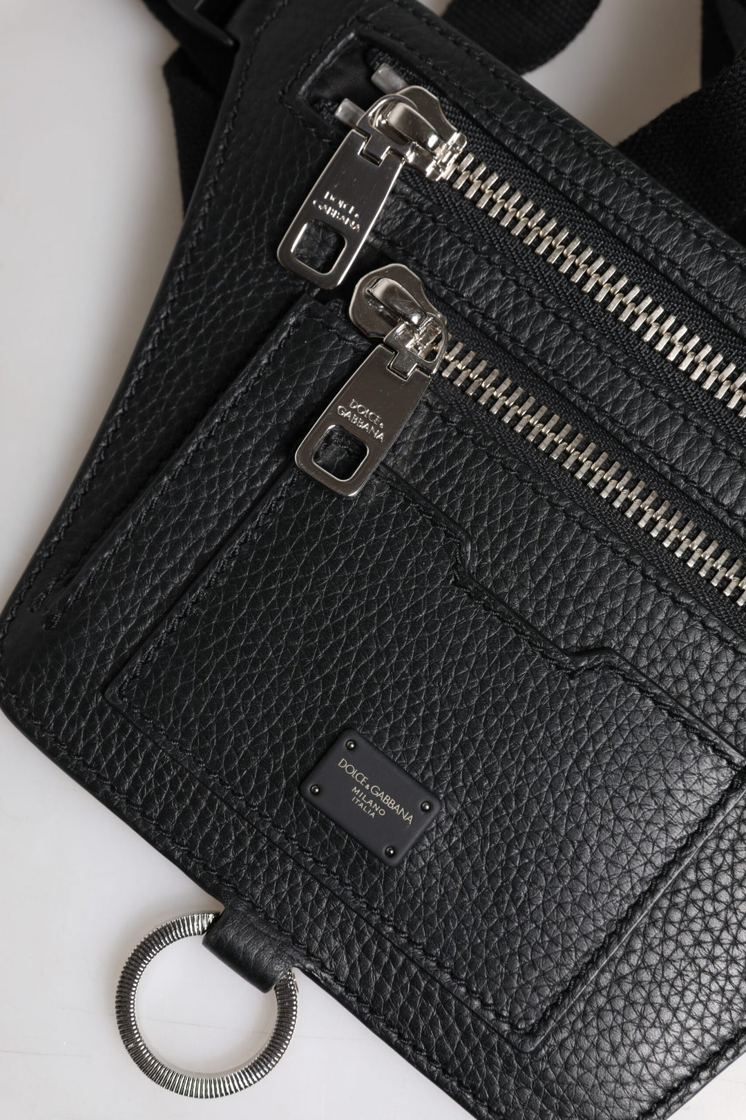 Dolce &amp; Gabbana Black Calfskin Logo Plaque Belt Waist Men Fanny Pack Bag