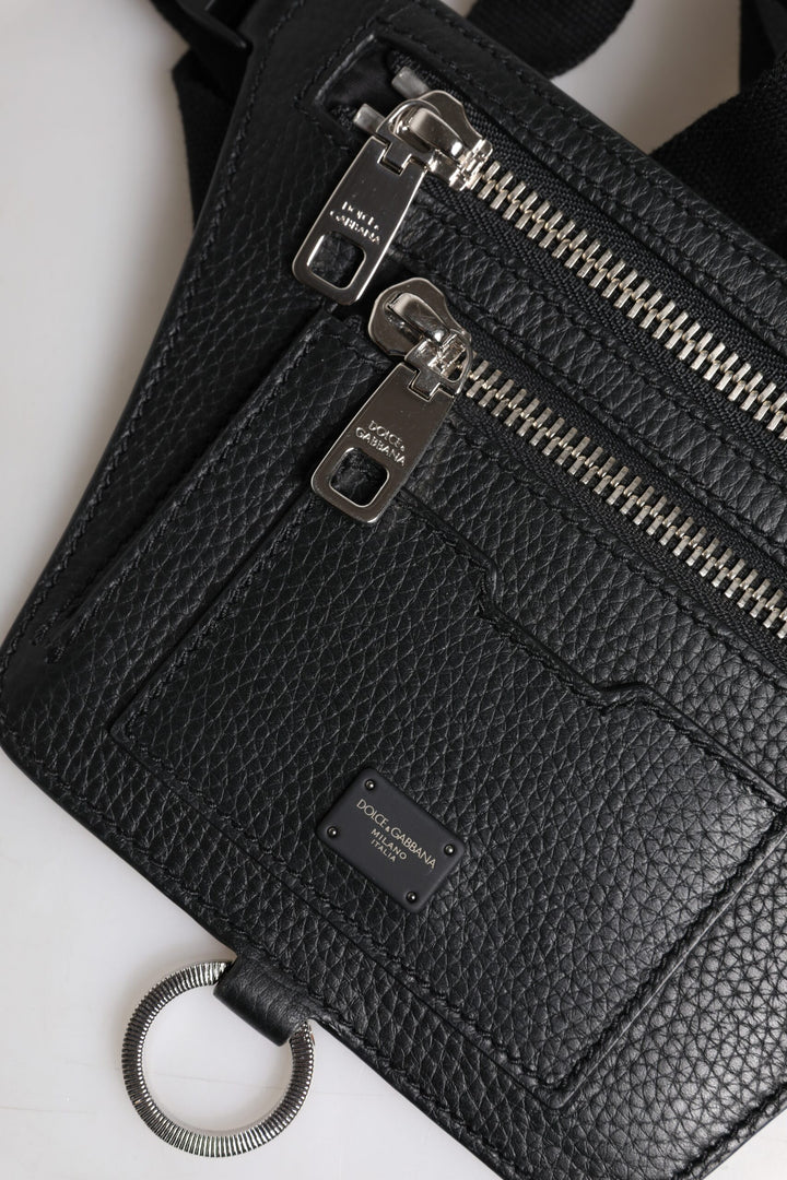 Dolce &amp; Gabbana Black Calfskin Logo Plaque Belt Waist Men Fanny Pack Bag