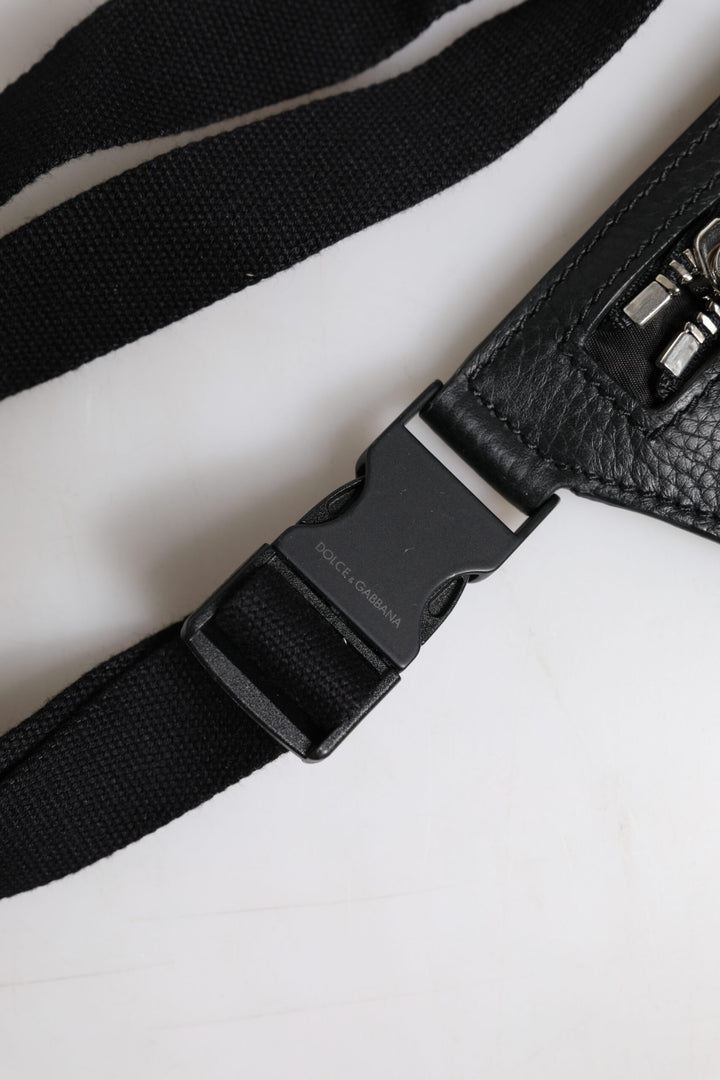 Dolce &amp; Gabbana Black Calfskin Logo Plaque Belt Waist Men Fanny Pack Bag