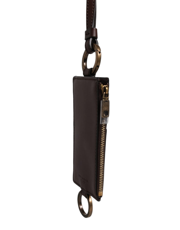 Dolce &amp; Gabbana Brown Calf Leather Lanyard Logo Card Holder Wallet