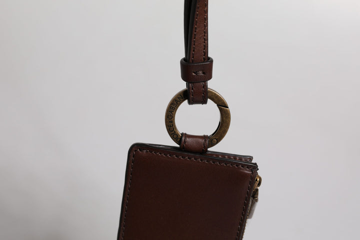Dolce &amp; Gabbana Brown Calf Leather Lanyard Logo Card Holder Wallet