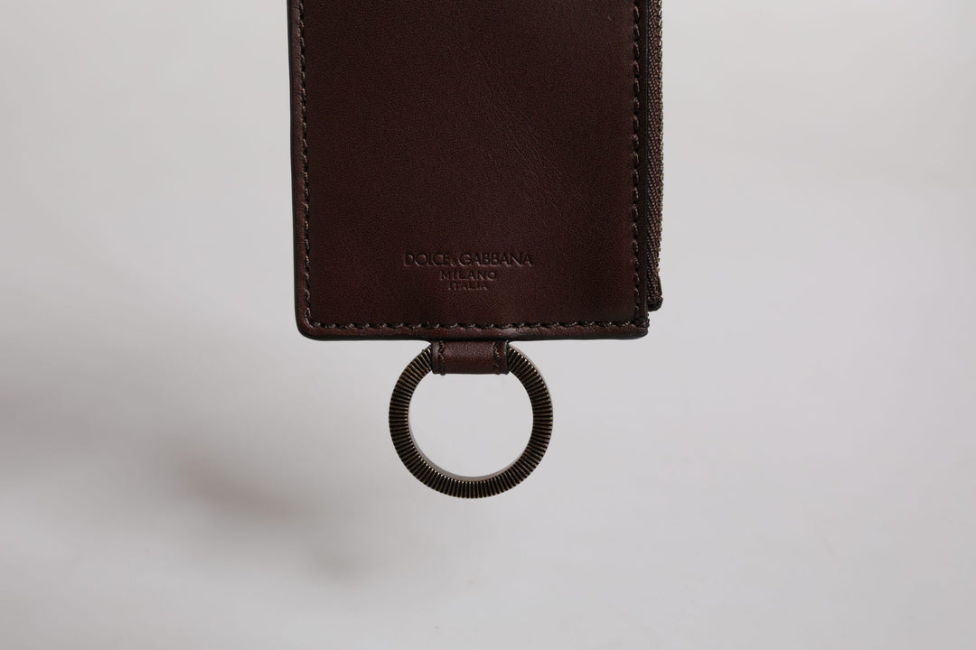 Dolce &amp; Gabbana Brown Calf Leather Lanyard Logo Card Holder Wallet