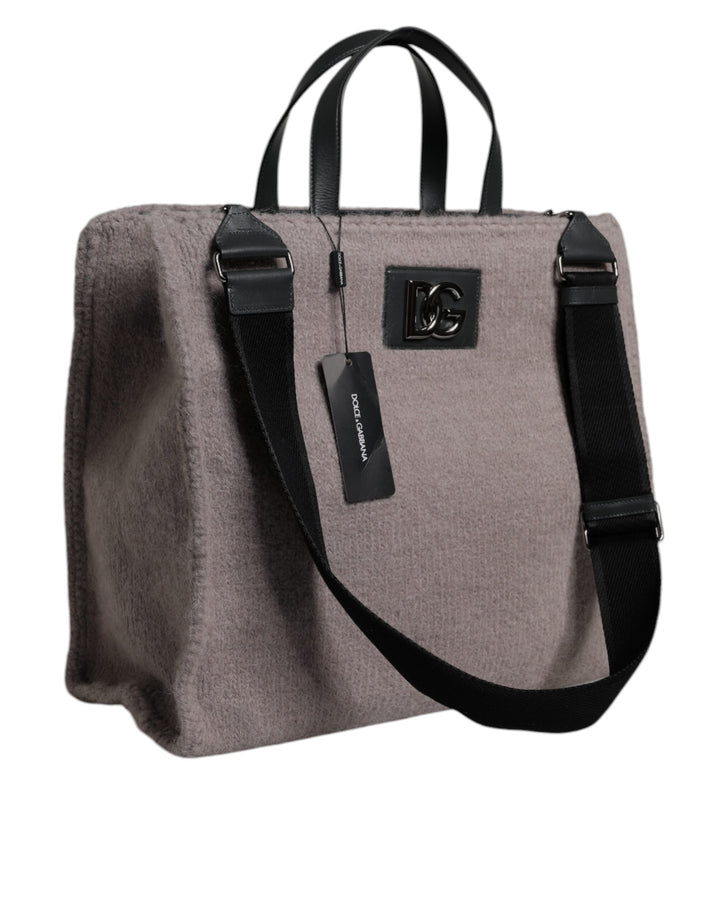 Dolce &amp; Gabbana Grey Alpaca Wool Logo Plaque Tote Shoulder Bag
