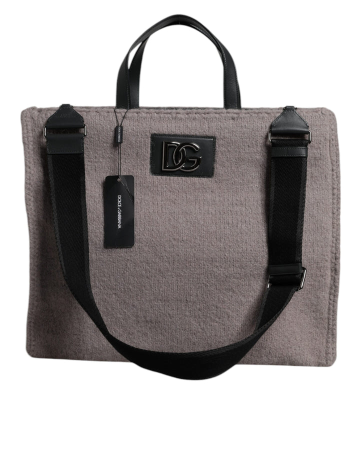 Dolce &amp; Gabbana Grey Alpaca Wool Logo Plaque Tote Shoulder Bag