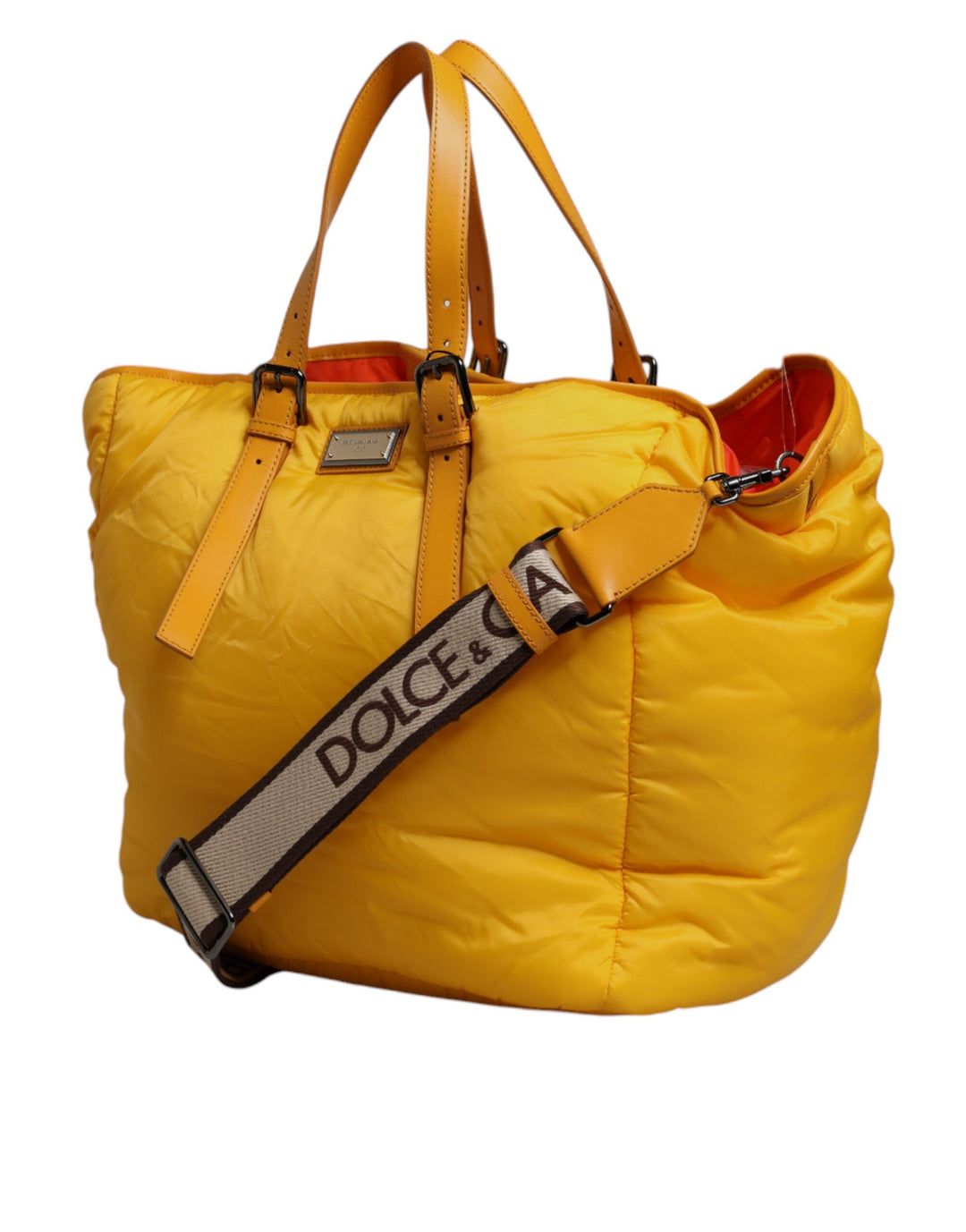 Dolce &amp; Gabbana Yellow Orange Nylon Logo Plaque Hand Shoulder Duffle Bag