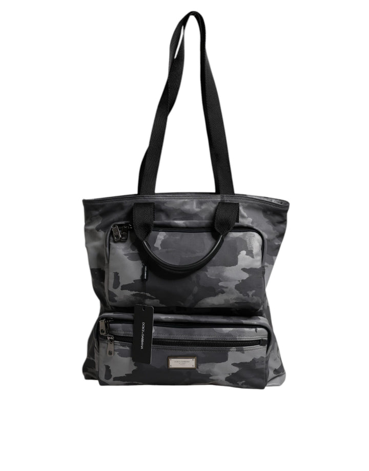Dolce &amp; Gabbana Gray Camo Cotton Multiple Compartments Tote Bag