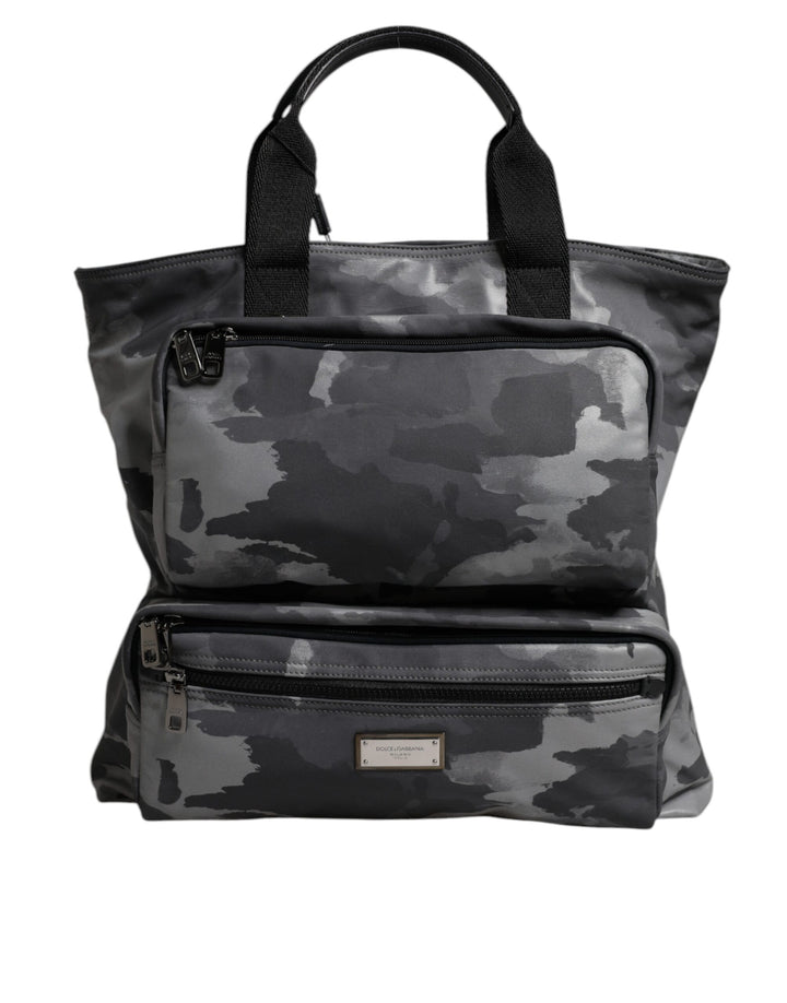 Dolce &amp; Gabbana Gray Camo Cotton Multiple Compartments Tote Bag