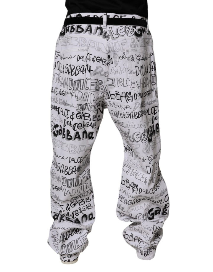 Dolce & Gabbana White Logo Print Straight Men Denim Jeans