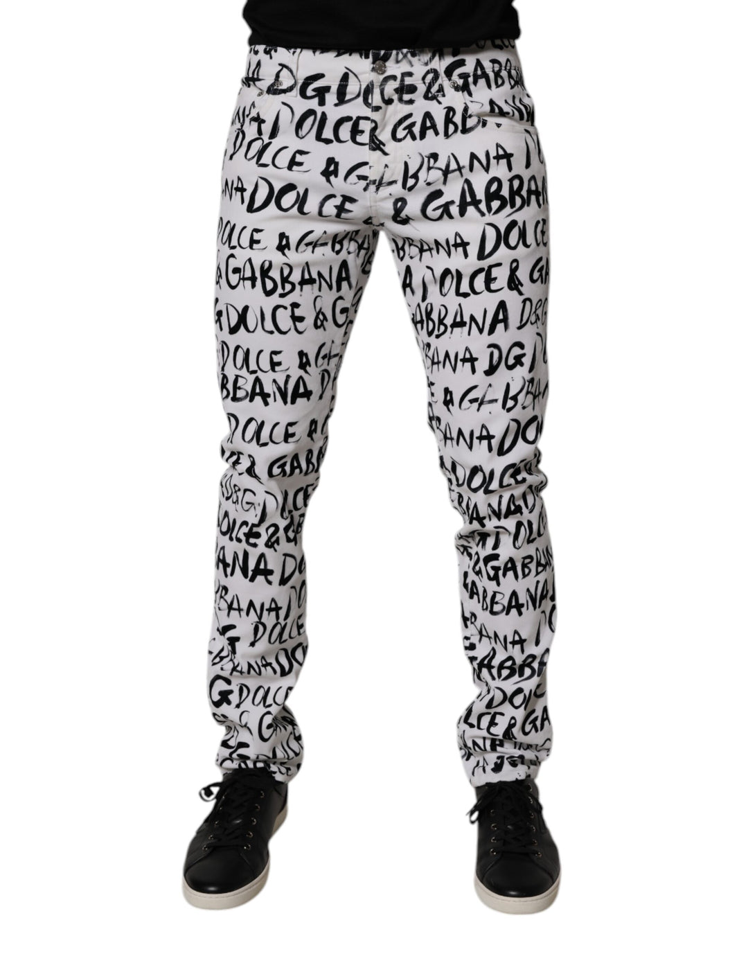 Dolce &amp; Gabbana White Cotton Logo Print Skinny Denim Jeans