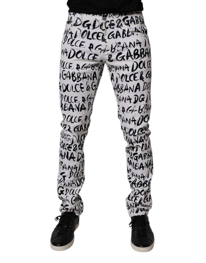 Dolce &amp; Gabbana White Cotton Logo Print Skinny Denim Jeans