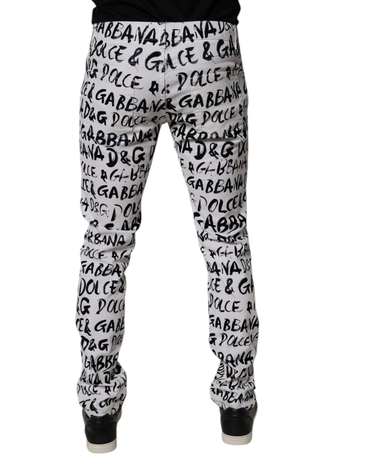 Dolce &amp; Gabbana White Cotton Logo Print Skinny Denim Jeans