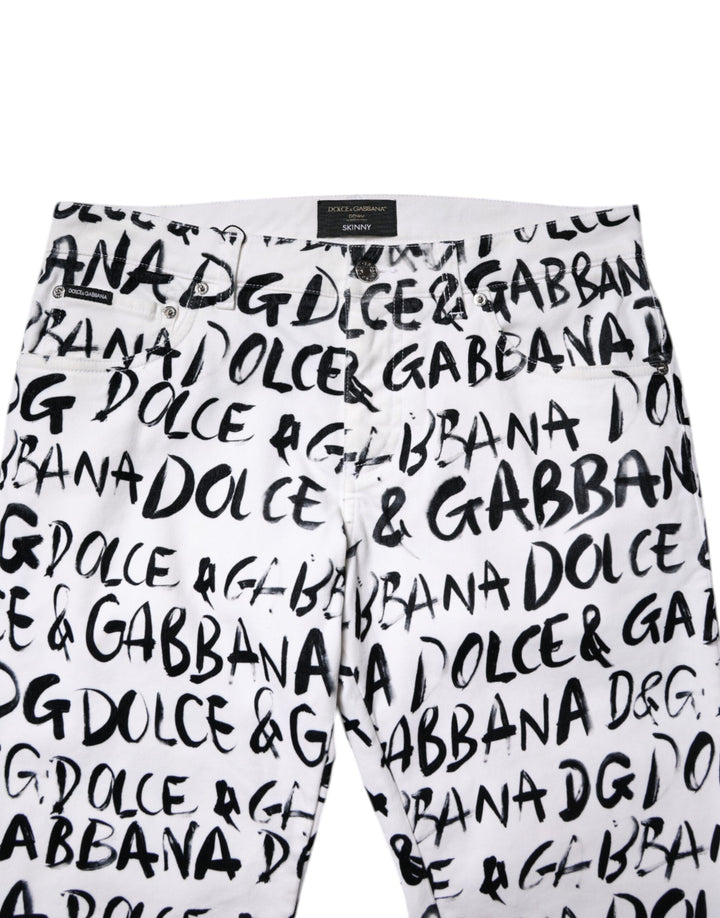 Dolce &amp; Gabbana White Cotton Logo Print Skinny Denim Jeans