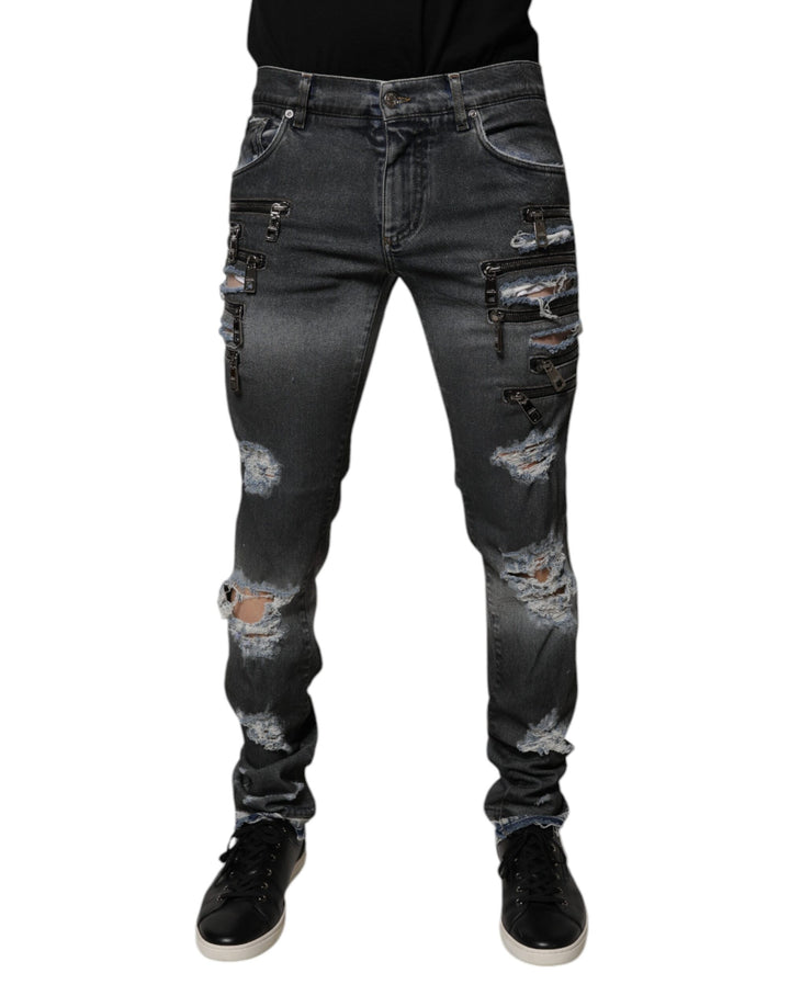 Dolce &amp; Gabbana Dark Gray Tattered Cotton Skinny Denim Jeans