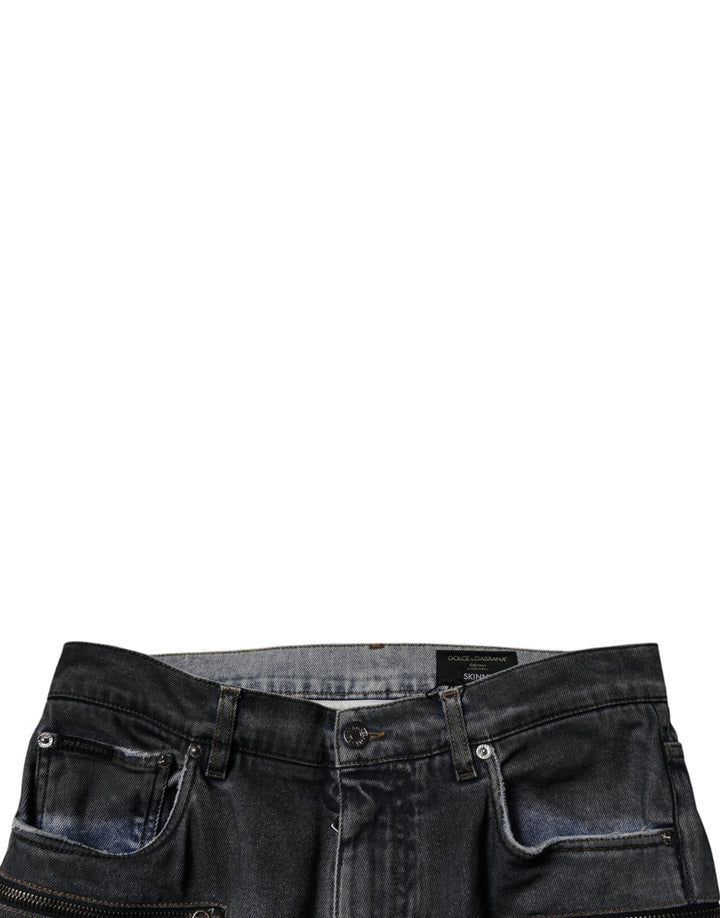 Dolce &amp; Gabbana Dark Gray Tattered Cotton Skinny Denim Jeans