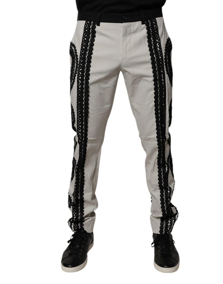 Dolce &amp; Gabbana White Lace Trim Mid Waist Dress Formal Pants