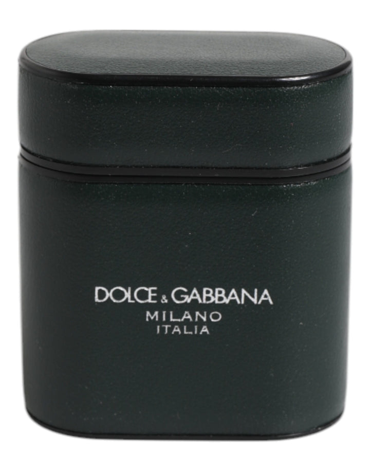 Dolce &amp; Gabbana Green Calfskin Leather Logo Print Flip Holder Airpods Case