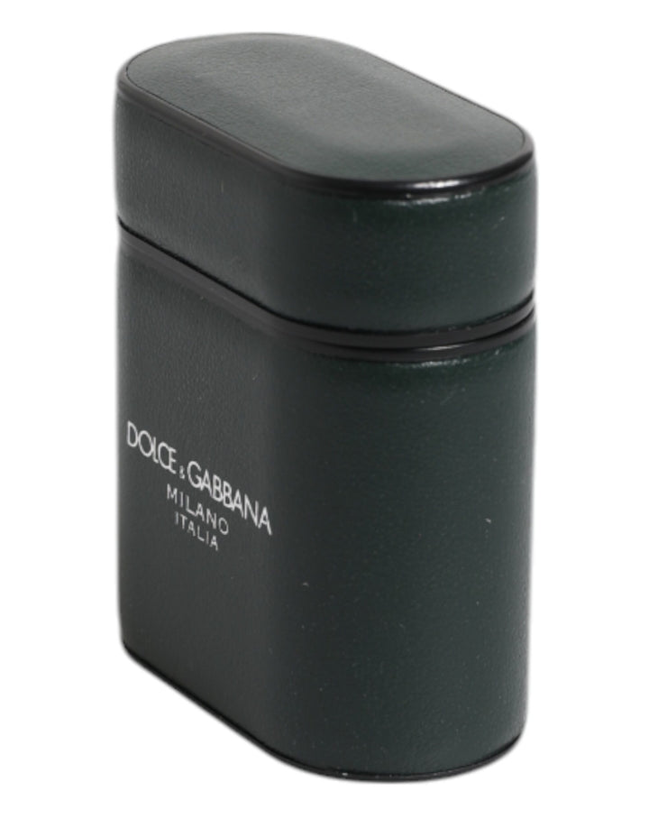 Dolce &amp; Gabbana Green Calfskin Leather Logo Print Flip Holder Airpods Case