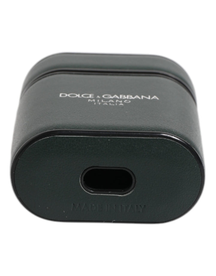 Dolce &amp; Gabbana Green Calfskin Leather Logo Print Flip Holder Airpods Case