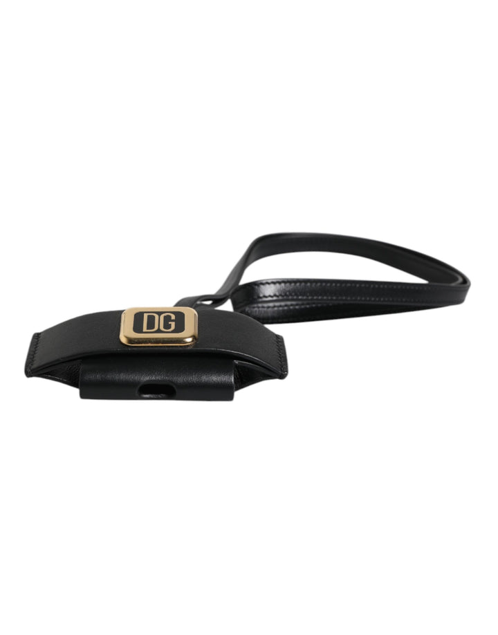 Dolce &amp; Gabbana Black Leather Strap Gold Metal Logo Plaque Airpods Case