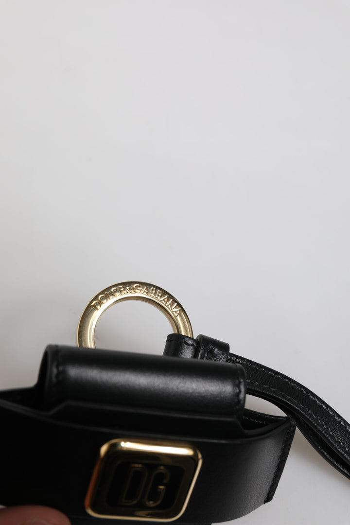 Dolce &amp; Gabbana Black Leather Strap Gold Metal Logo Plaque Airpods Case
