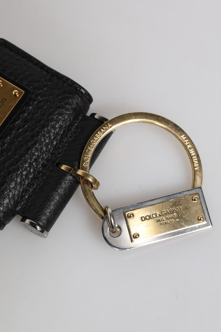 Dolce &amp; Gabbana Black Leather Strap Gold Metal Logo Plaque Airpods Case