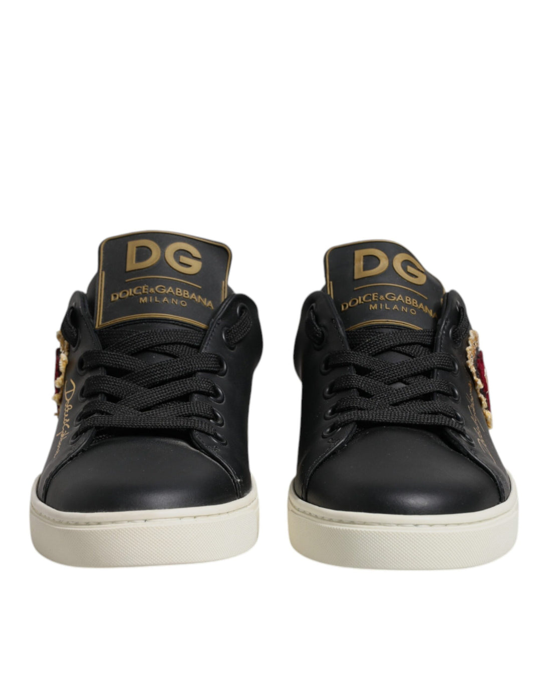 Dolce &amp; Gabbana Black Leather Gold Red Heart Sneakers Shoes