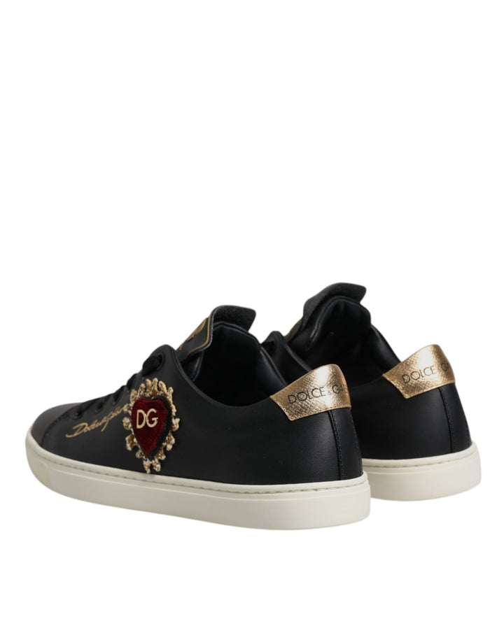 Dolce &amp; Gabbana Black Leather Gold Red Heart Sneakers Shoes