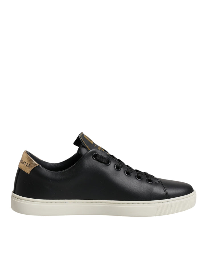 Dolce &amp; Gabbana Black Leather Gold Red Heart Sneakers Shoes