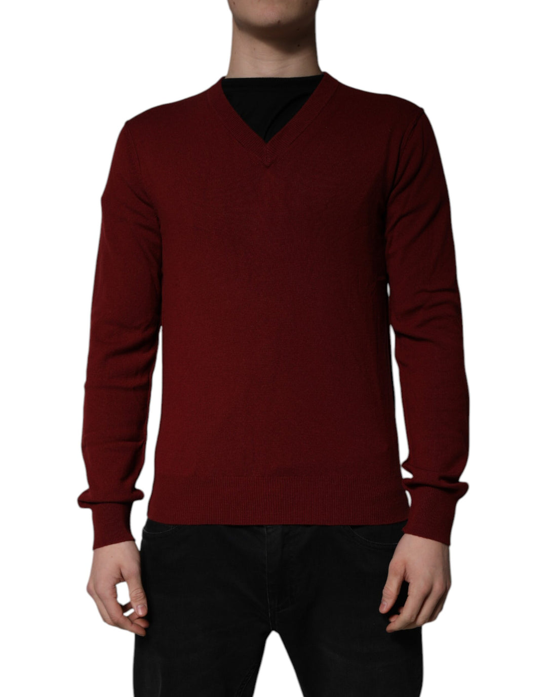 Dolce &amp; Gabbana Maroon Cashmere V-neck Men Pullover Sweater