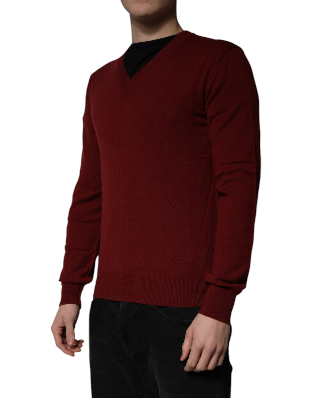 Dolce &amp; Gabbana Maroon Cashmere V-neck Men Pullover Sweater