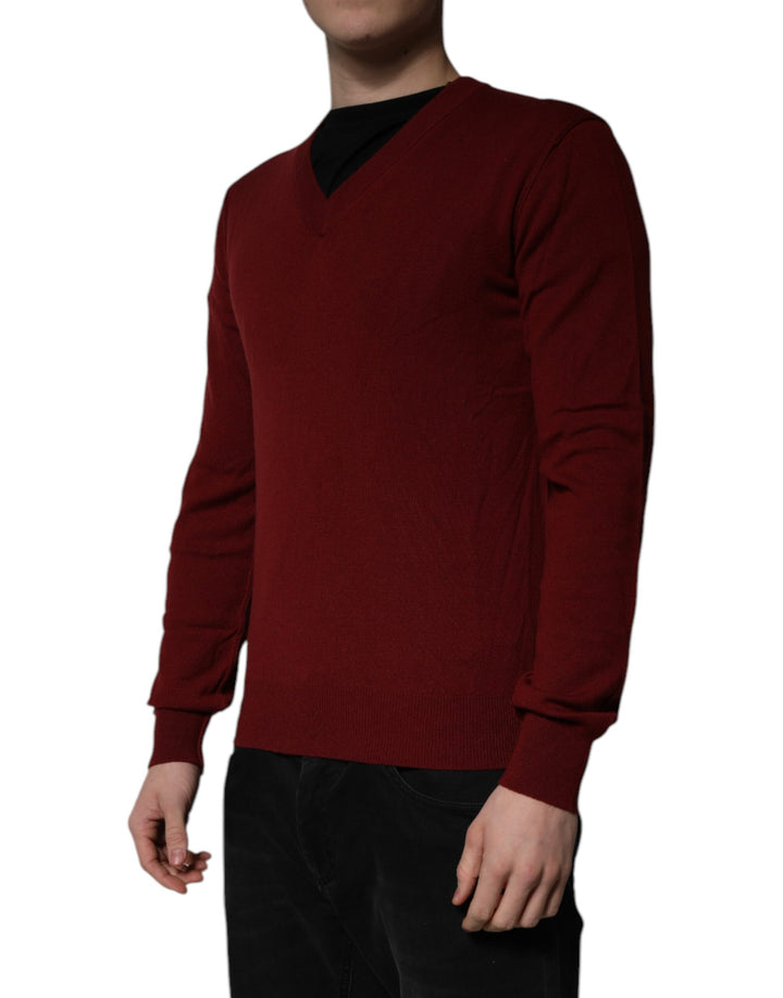 Dolce &amp; Gabbana Maroon Cashmere V-neck Men Pullover Sweater