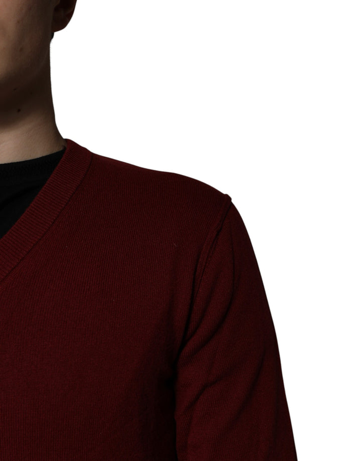 Dolce &amp; Gabbana Maroon Cashmere V-neck Men Pullover Sweater
