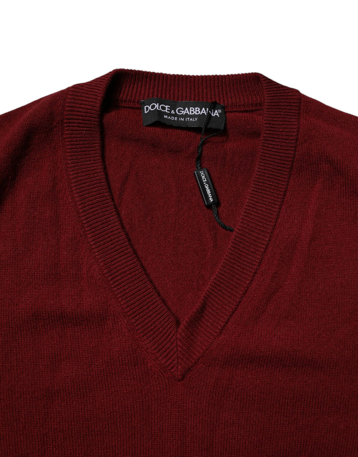 Dolce &amp; Gabbana Maroon Cashmere V-neck Men Pullover Sweater