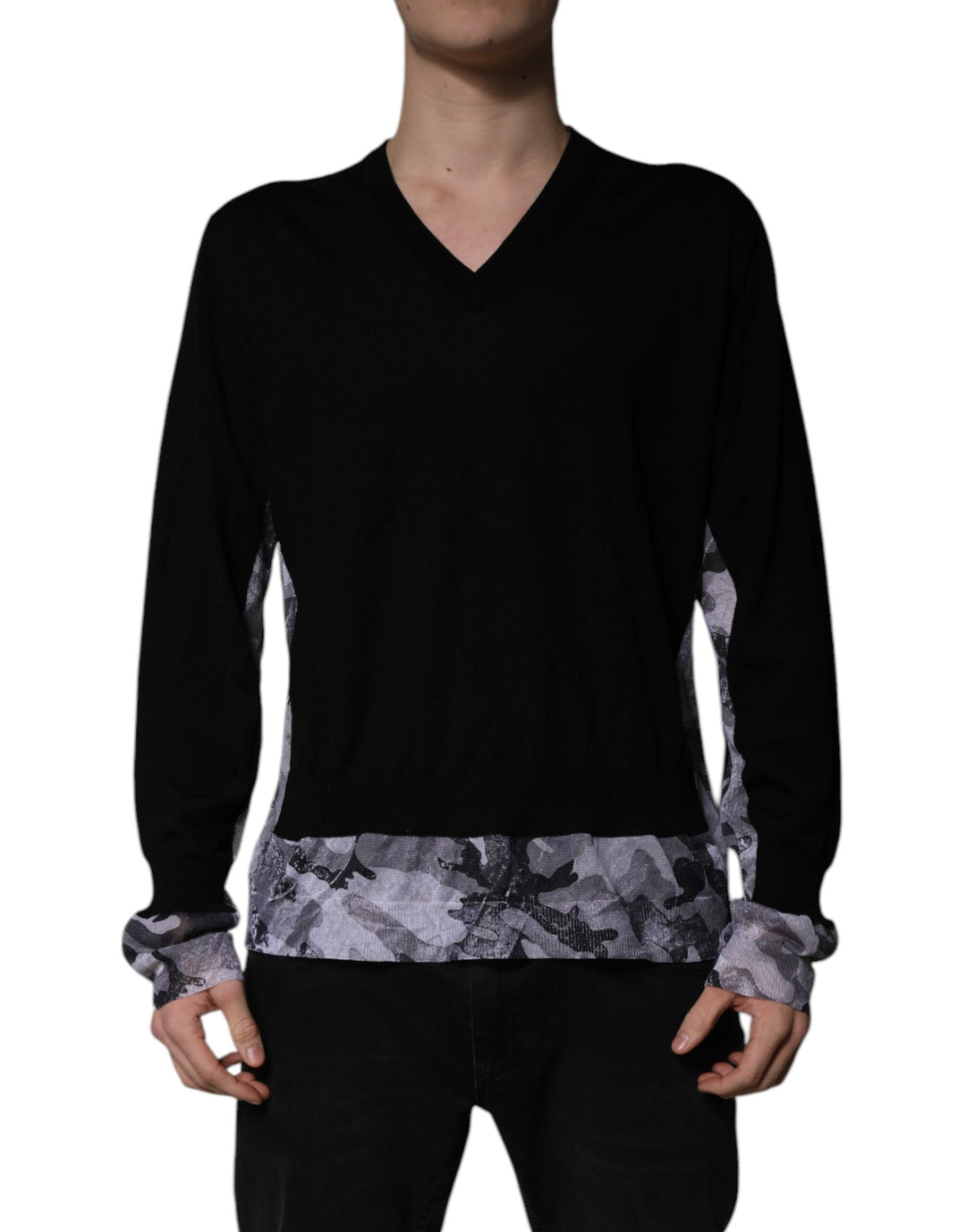 Dolce &amp; Gabbana Black Camouflage V-neck Pullover Sweater