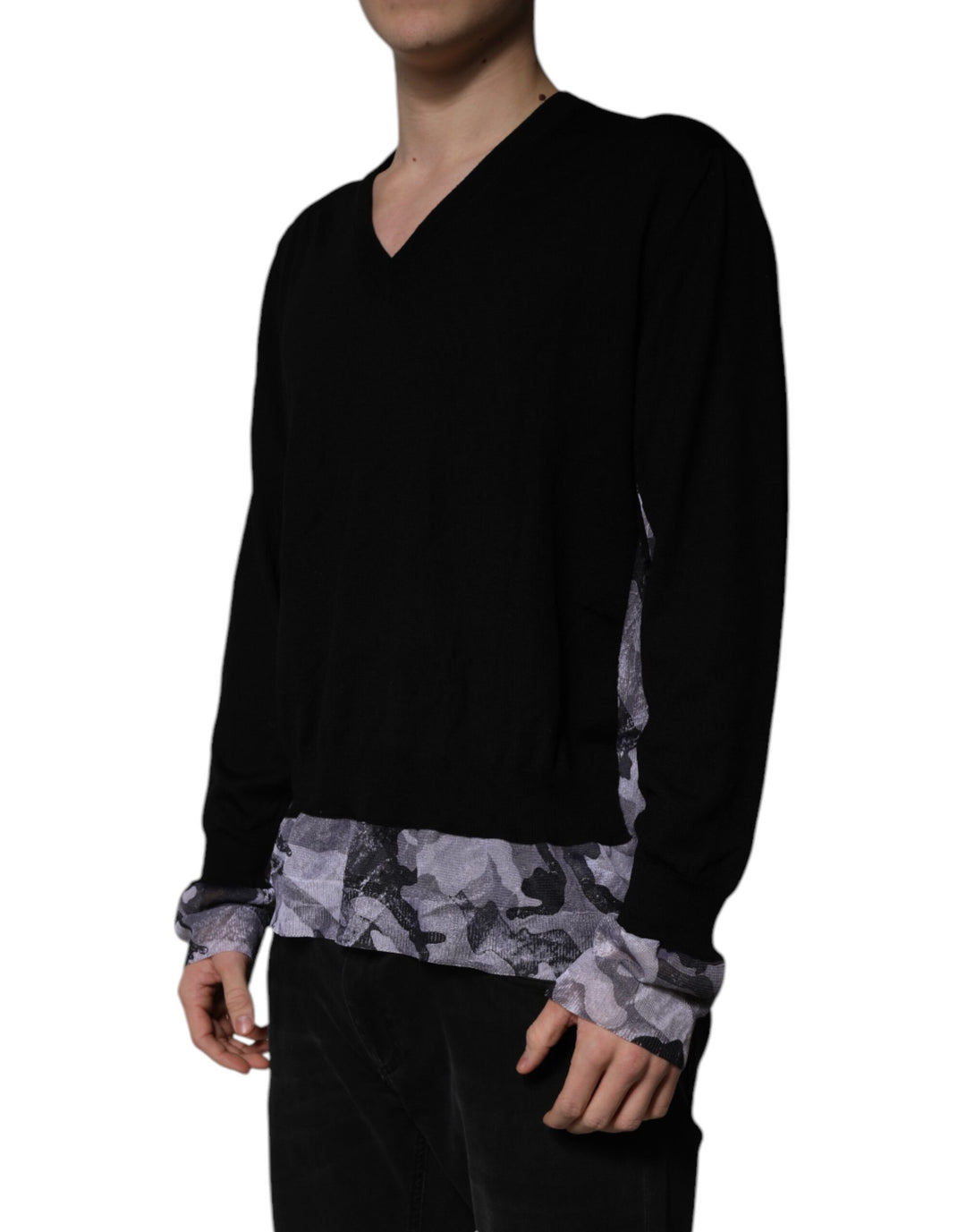 Dolce &amp; Gabbana Black Camouflage V-neck Pullover Sweater