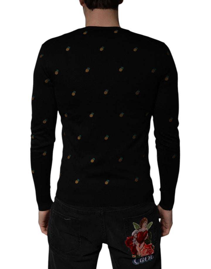 Dolce &amp; Gabbana Black Pineapple Crew Neck Pullover Sweater