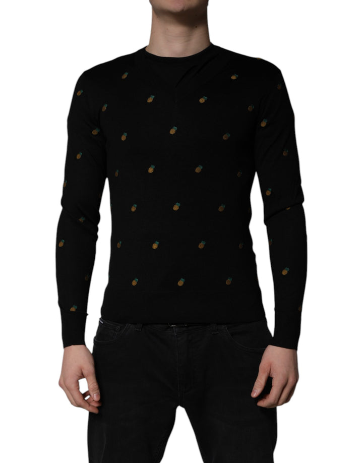 Dolce &amp; Gabbana Black Pineapple Crew Neck Pullover Sweater