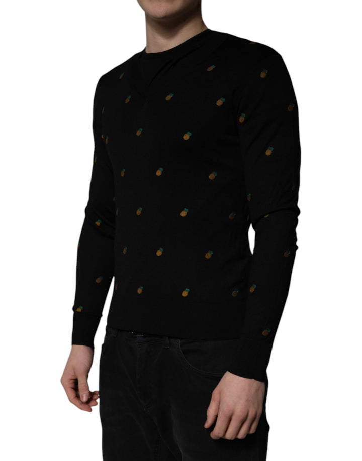 Dolce &amp; Gabbana Black Pineapple Crew Neck Pullover Sweater