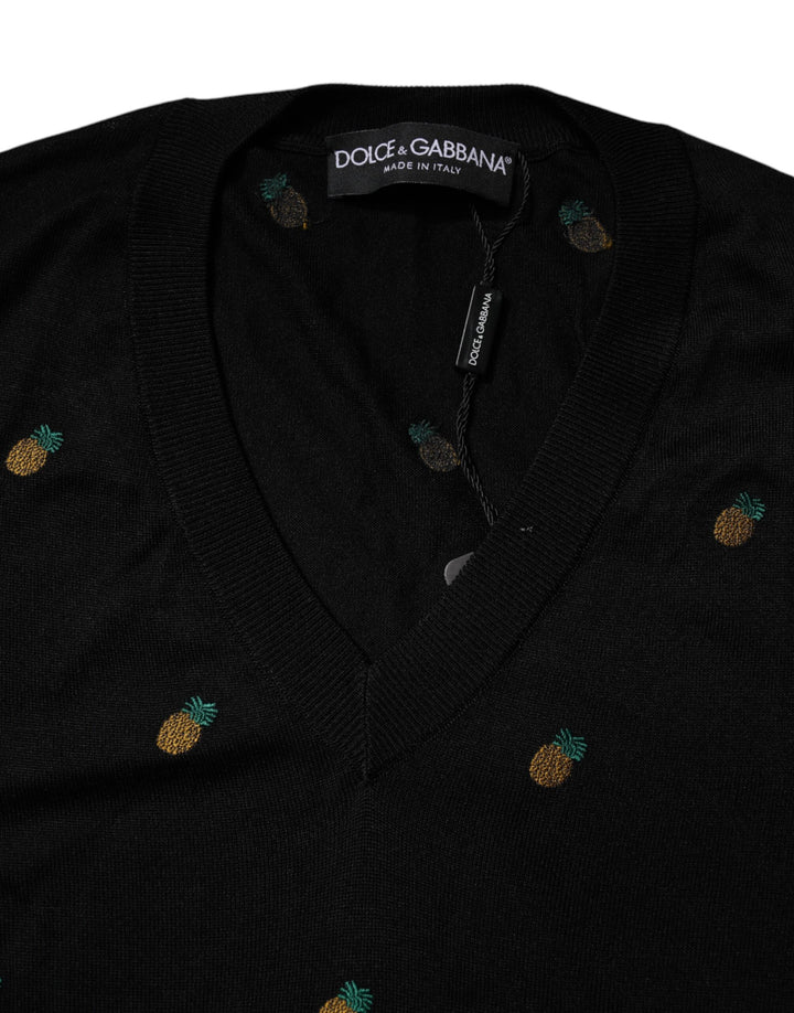 Dolce &amp; Gabbana Black Pineapple Crew Neck Pullover Sweater