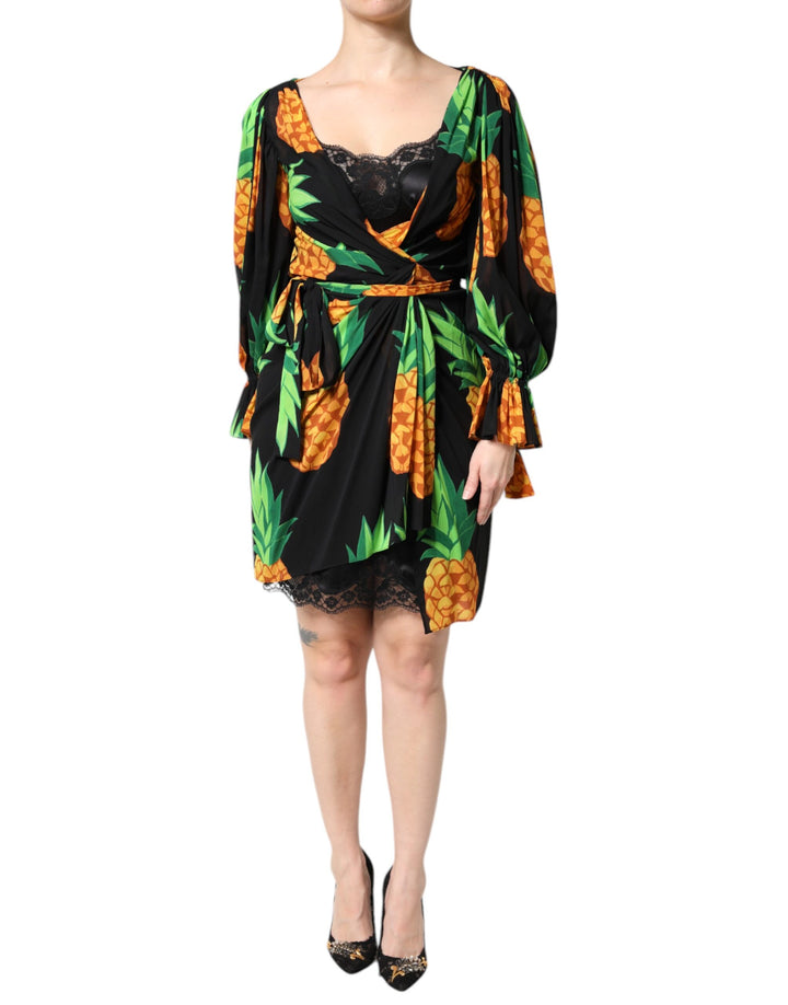 Dolce &amp; Gabbana Black Silk Pineapple Draped Print Wrap Dress