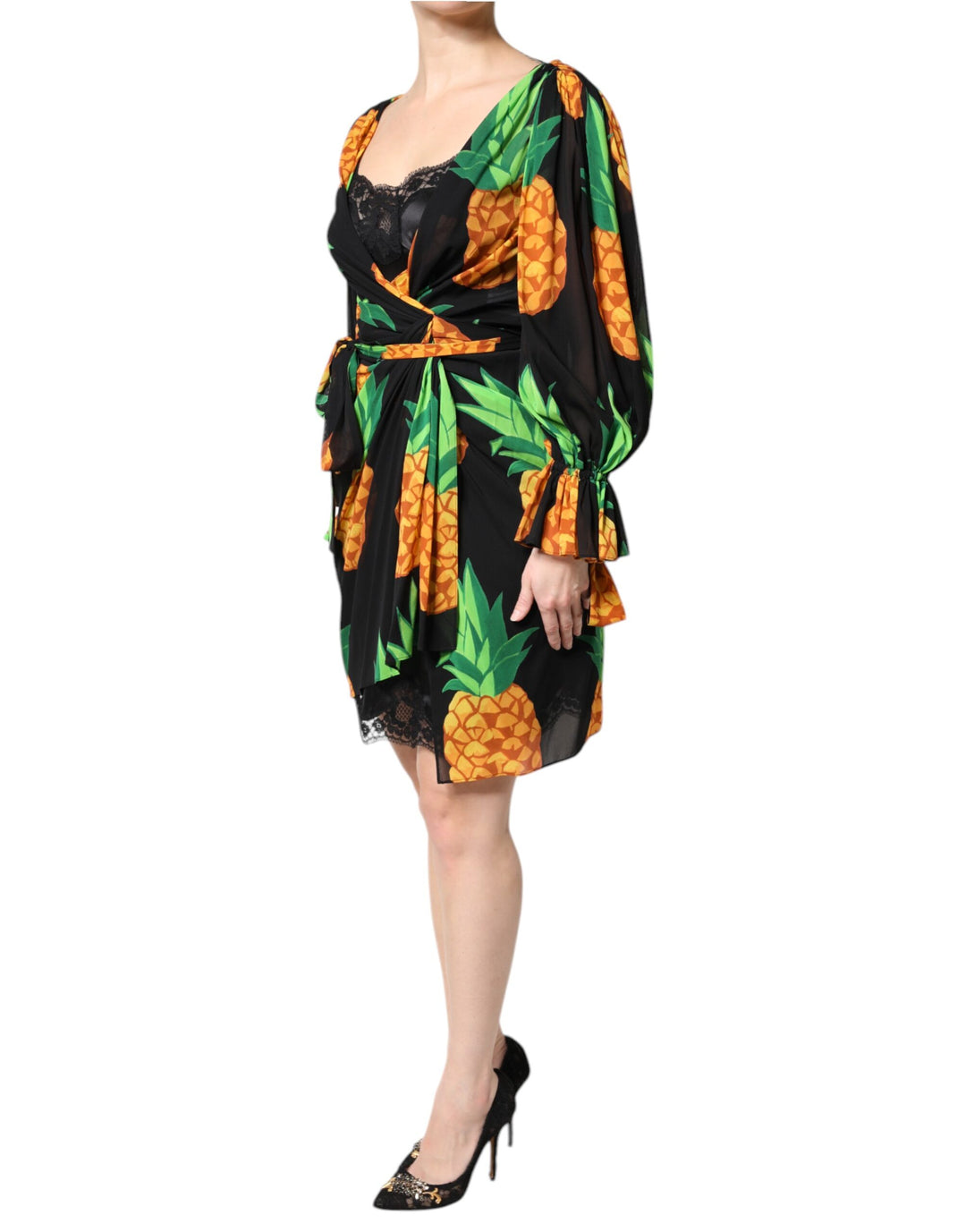 Dolce &amp; Gabbana Black Silk Pineapple Draped Print Wrap Dress