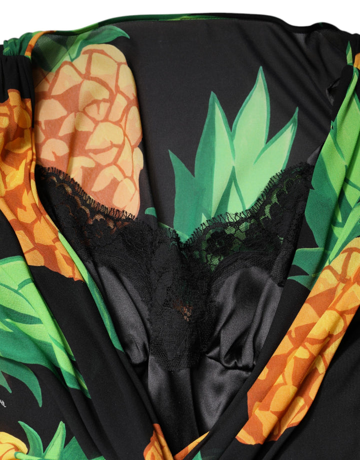 Dolce &amp; Gabbana Black Silk Pineapple Draped Print Wrap Dress